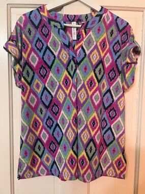 DEAR SCARLETT Women's Multicolor Diamond-Print Short Sleeve Blouse NWOT